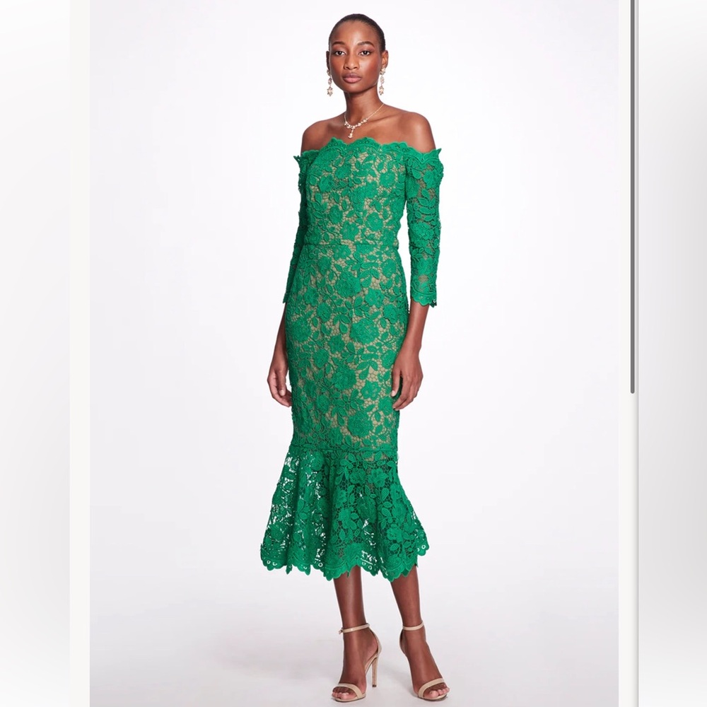 MARCHESA NOTTE***Green Guipure Lace Off-Shoulder Midi Dress***US 6***$795 - Picture 4 of 11